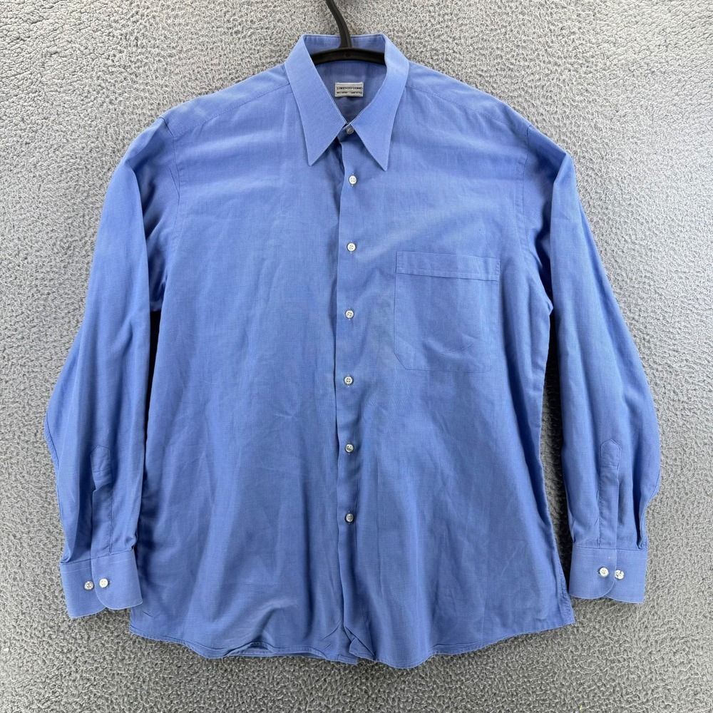 Lorenzo Uomo Mens Blue Micro Check Dress Shirt 16 34/35 Made in Italy Cotton